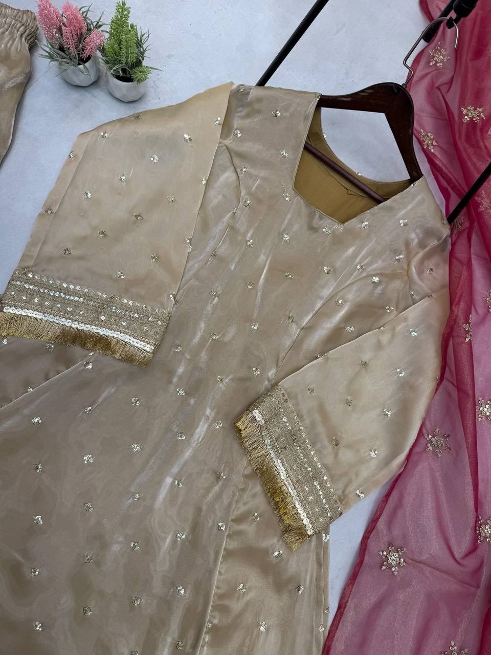 "Luxury Jimmy Choo Embroidered Nayra Cut Set with Sequence Work & Silver Gold Dupatta"