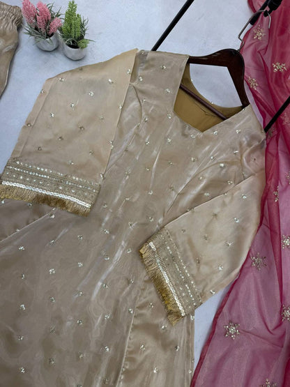 "Luxury Jimmy Choo Embroidered Nayra Cut Set with Sequence Work & Silver Gold Dupatta"