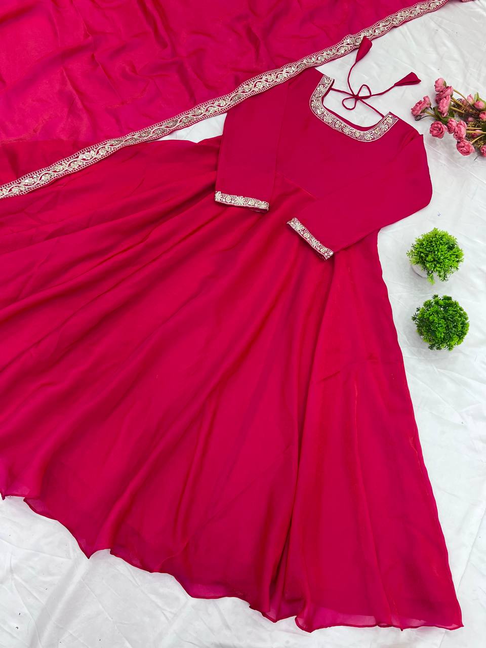 "Royal Elegance: Heavy Fandy Silk Gown with Embroidery Sequence Work & Full Flair"