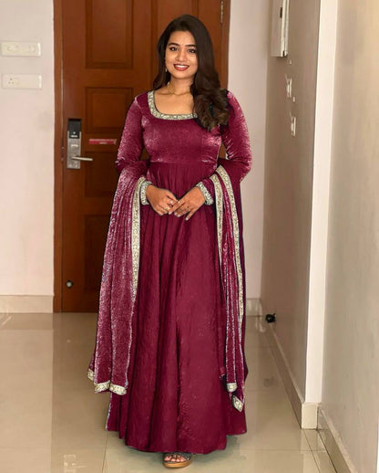 "Royal Elegance: Heavy Fandy Silk Gown with Embroidery Sequence Work & Full Flair"