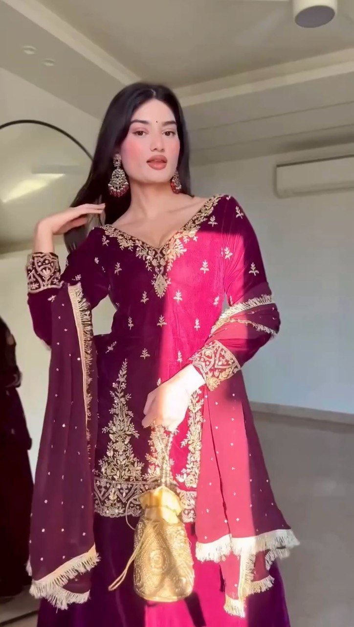 "Foux Gorgette Elegance: Embroidered Top, Plazo & Dupatta Set"