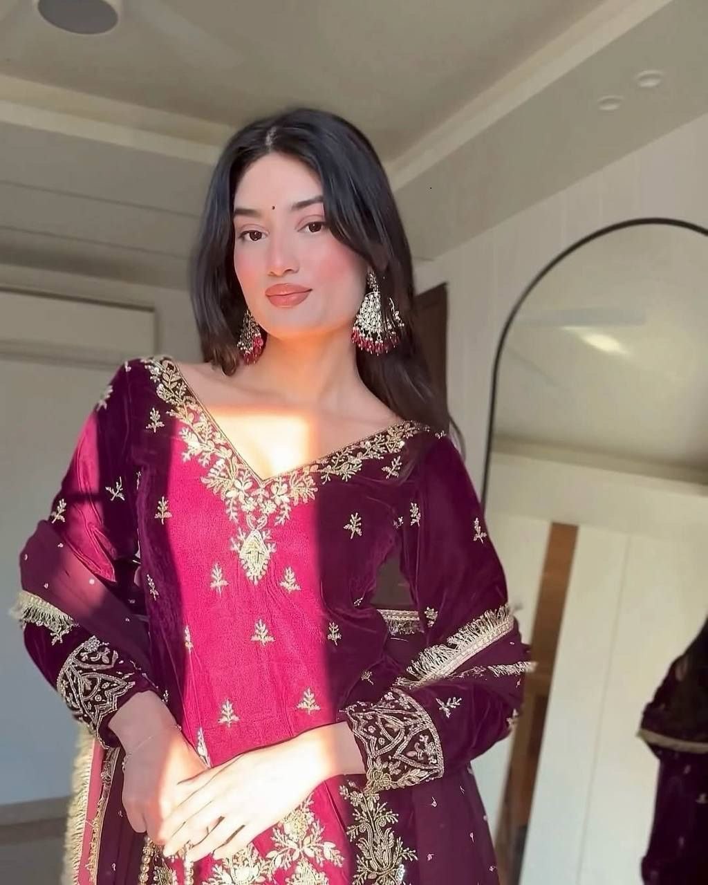 "Foux Gorgette Elegance: Embroidered Top, Plazo & Dupatta Set"