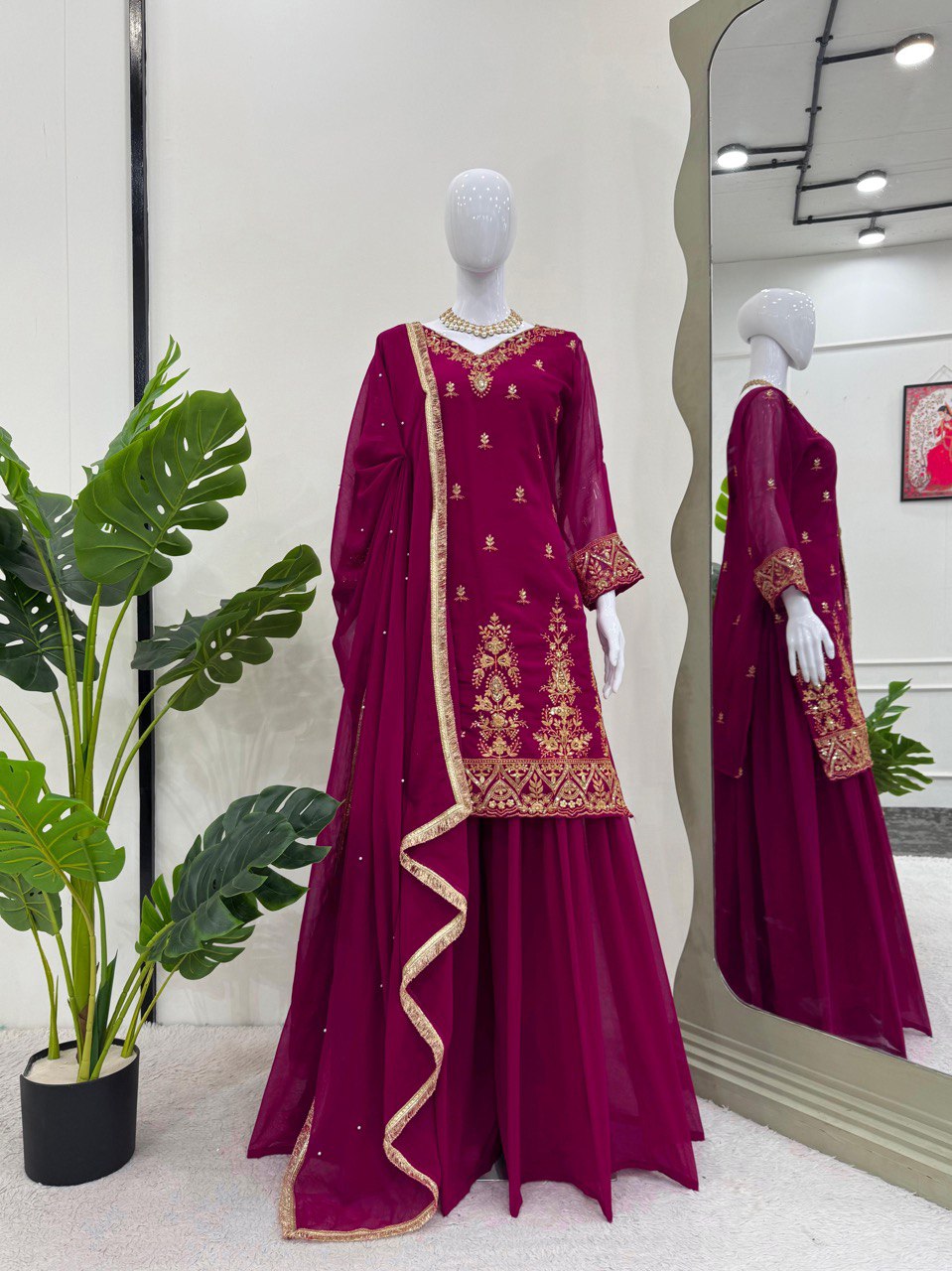 "Foux Gorgette Elegance: Embroidered Top, Plazo & Dupatta Set"