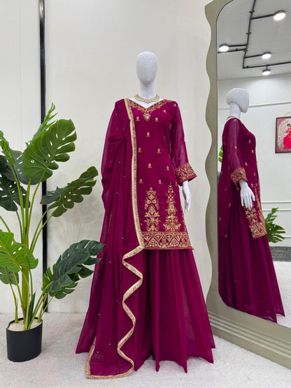 "Foux Gorgette Elegance: Embroidered Top, Plazo & Dupatta Set"