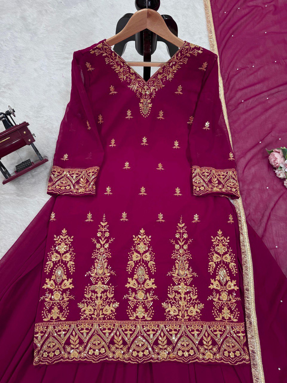 "Foux Gorgette Elegance: Embroidered Top, Plazo & Dupatta Set"