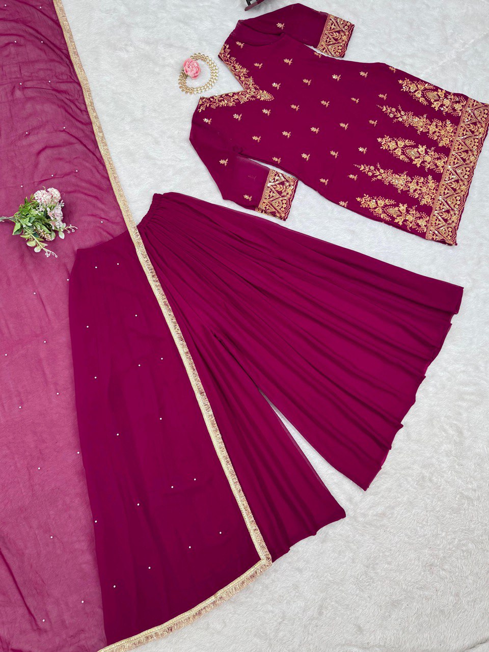 "Foux Gorgette Elegance: Embroidered Top, Plazo & Dupatta Set"