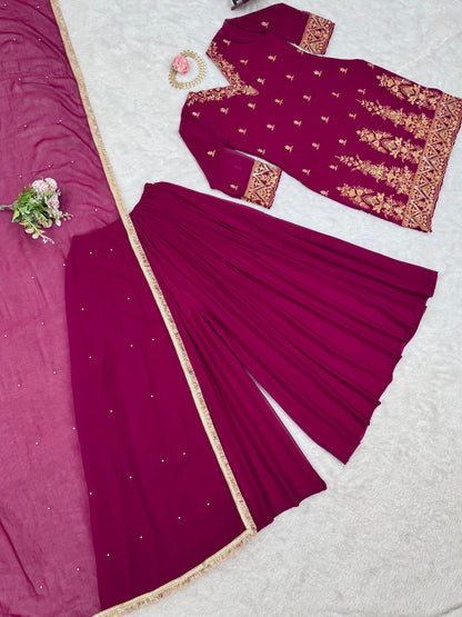 "Foux Gorgette Elegance: Embroidered Top, Plazo & Dupatta Set"