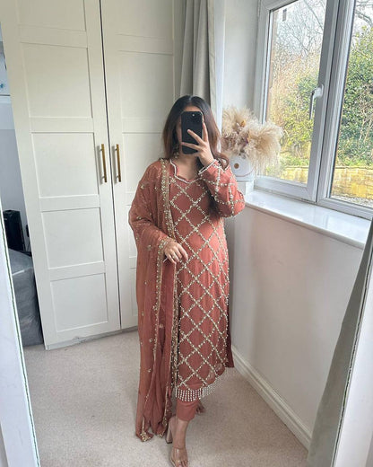 "Elegant Fox Georgette Suit Set with Handwork Sequence Embroidery, Moti Lace Sleeves, and Embroidered Dupatta"