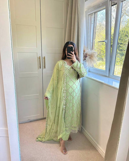 "Elegant Fox Georgette Suit Set with Handwork Sequence Embroidery, Moti Lace Sleeves, and Embroidered Dupatta"