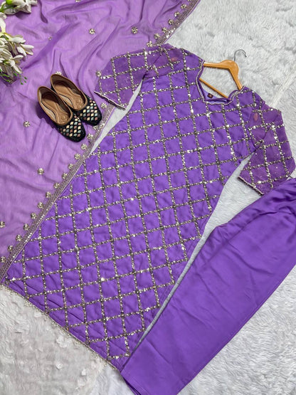 "Elegant Fox Georgette Suit Set with Handwork Sequence Embroidery, Moti Lace Sleeves, and Embroidered Dupatta"
