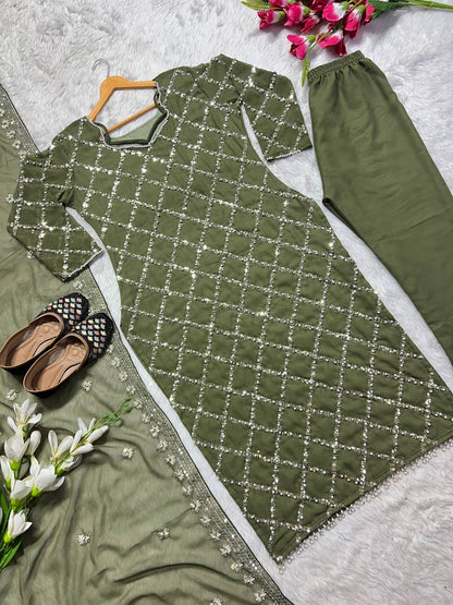"Elegant Fox Georgette Suit Set with Handwork Sequence Embroidery, Moti Lace Sleeves, and Embroidered Dupatta"