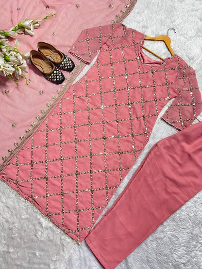 "Elegant Fox Georgette Suit Set with Handwork Sequence Embroidery, Moti Lace Sleeves, and Embroidered Dupatta"