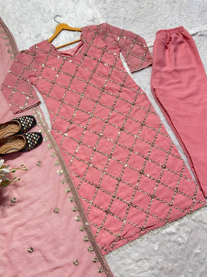 "Elegant Fox Georgette Suit Set with Handwork Sequence Embroidery, Moti Lace Sleeves, and Embroidered Dupatta"