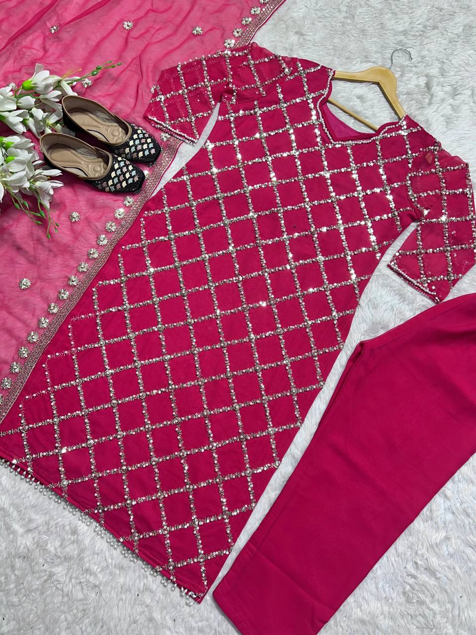 "Elegant Fox Georgette Suit Set with Handwork Sequence Embroidery, Moti Lace Sleeves, and Embroidered Dupatta"