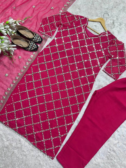 "Elegant Fox Georgette Suit Set with Handwork Sequence Embroidery, Moti Lace Sleeves, and Embroidered Dupatta"