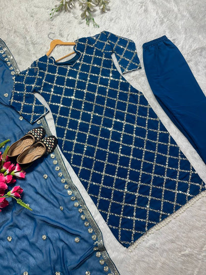 "Elegant Fox Georgette Suit Set with Handwork Sequence Embroidery, Moti Lace Sleeves, and Embroidered Dupatta"