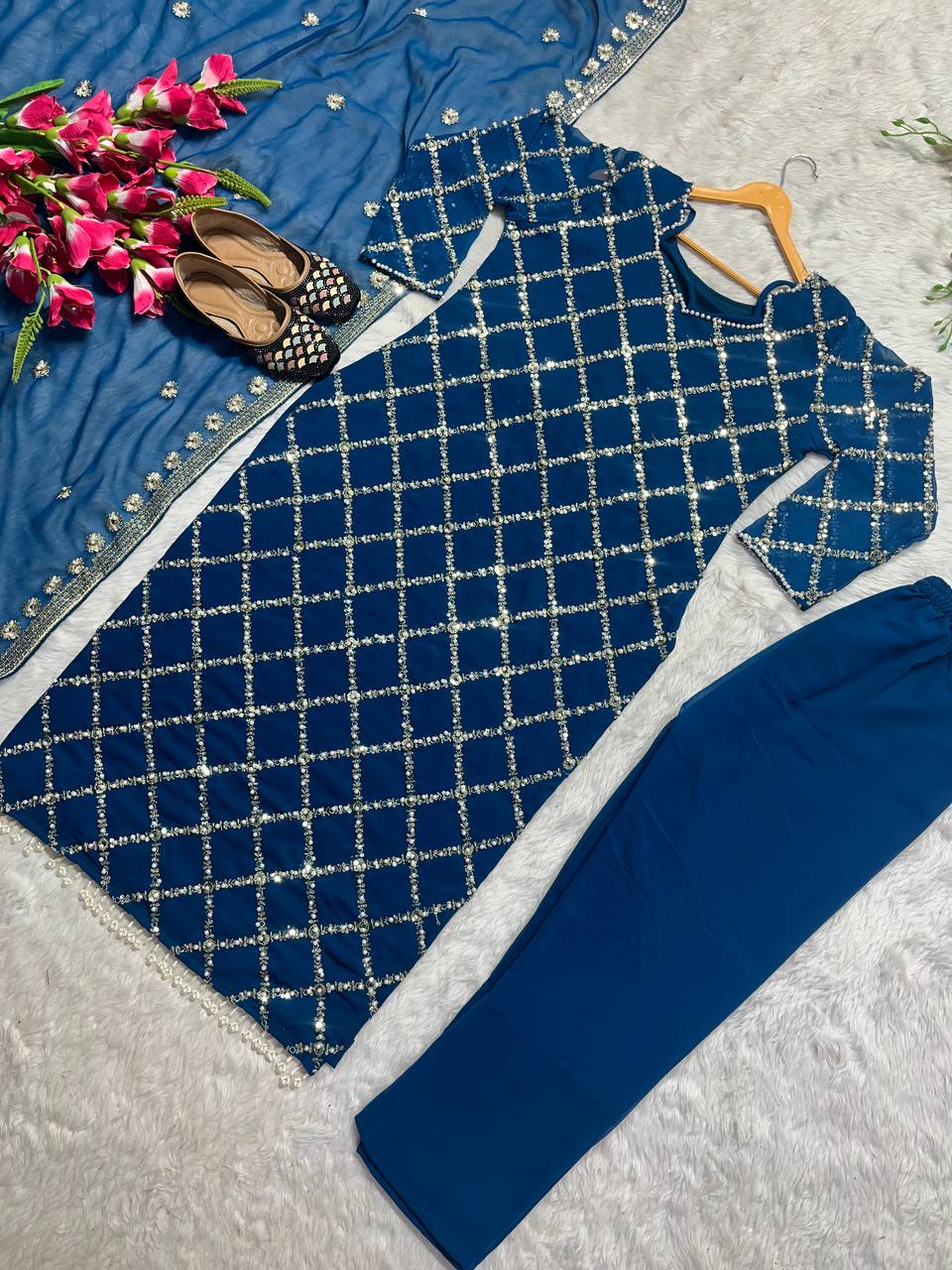 "Elegant Fox Georgette Suit Set with Handwork Sequence Embroidery, Moti Lace Sleeves, and Embroidered Dupatta"