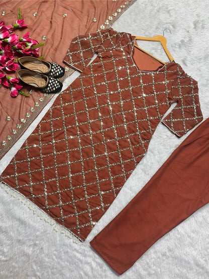 "Elegant Fox Georgette Suit Set with Handwork Sequence Embroidery, Moti Lace Sleeves, and Embroidered Dupatta"