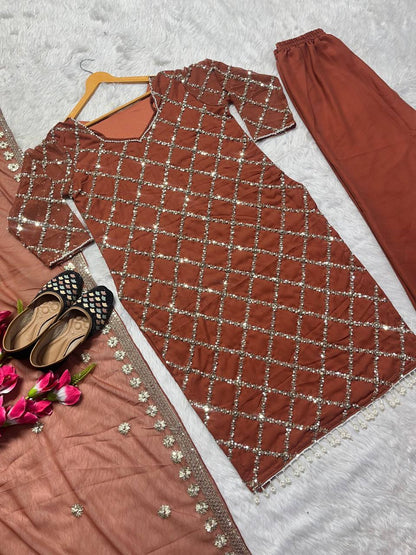 "Elegant Fox Georgette Suit Set with Handwork Sequence Embroidery, Moti Lace Sleeves, and Embroidered Dupatta"