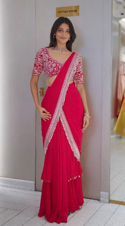 "Elegant Heavy Chinon Lehenga Saree with Embroidery and Fancy Dupatta"