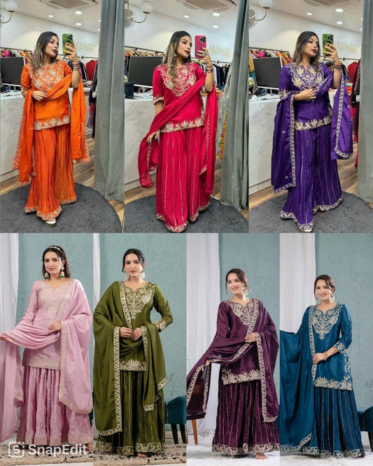 "Exquisite Heavy Chinnon Silk Sharara Set with Embroidery Sequence Detailing"