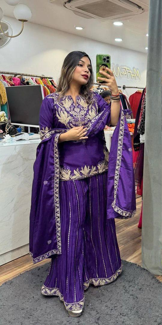 "Exquisite Heavy Chinnon Silk Sharara Set with Embroidery Sequence Detailing"