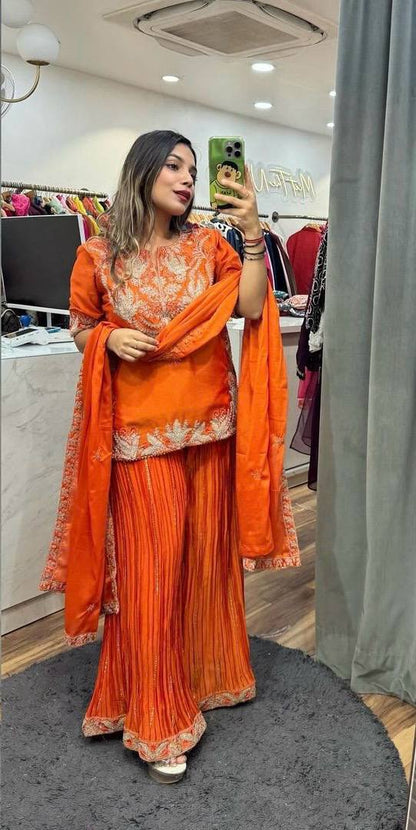 "Exquisite Heavy Chinnon Silk Sharara Set with Embroidery Sequence Detailing"