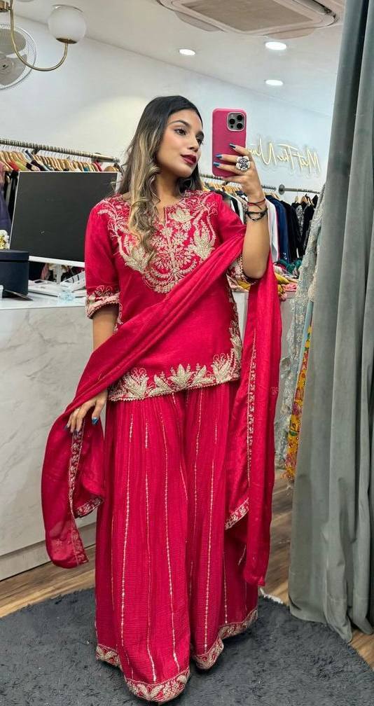 "Exquisite Heavy Chinnon Silk Sharara Set with Embroidery Sequence Detailing"