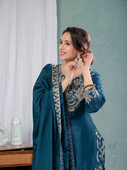 "Exquisite Heavy Chinnon Silk Sharara Set with Embroidery Sequence Detailing"