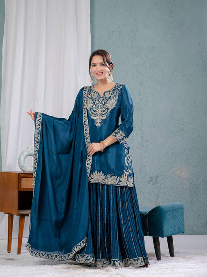 "Exquisite Heavy Chinnon Silk Sharara Set with Embroidery Sequence Detailing"