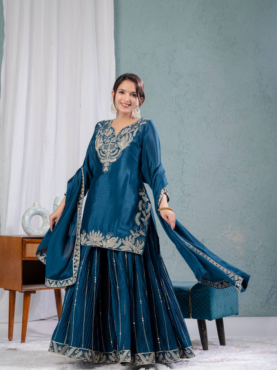 "Exquisite Heavy Chinnon Silk Sharara Set with Embroidery Sequence Detailing"