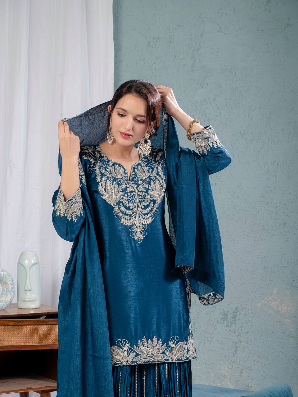 "Exquisite Heavy Chinnon Silk Sharara Set with Embroidery Sequence Detailing"