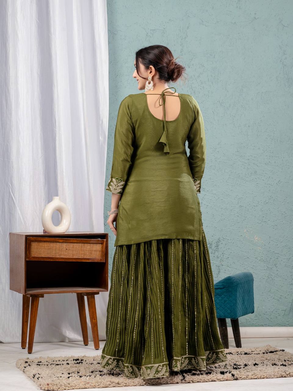 "Exquisite Heavy Chinnon Silk Sharara Set with Embroidery Sequence Detailing"