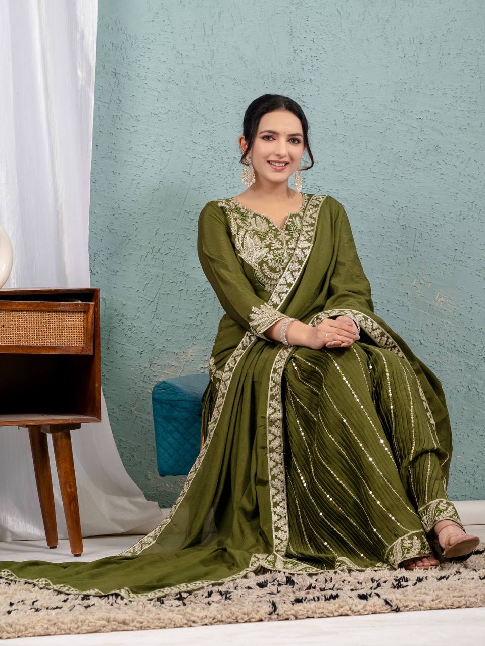 "Exquisite Heavy Chinnon Silk Sharara Set with Embroidery Sequence Detailing"
