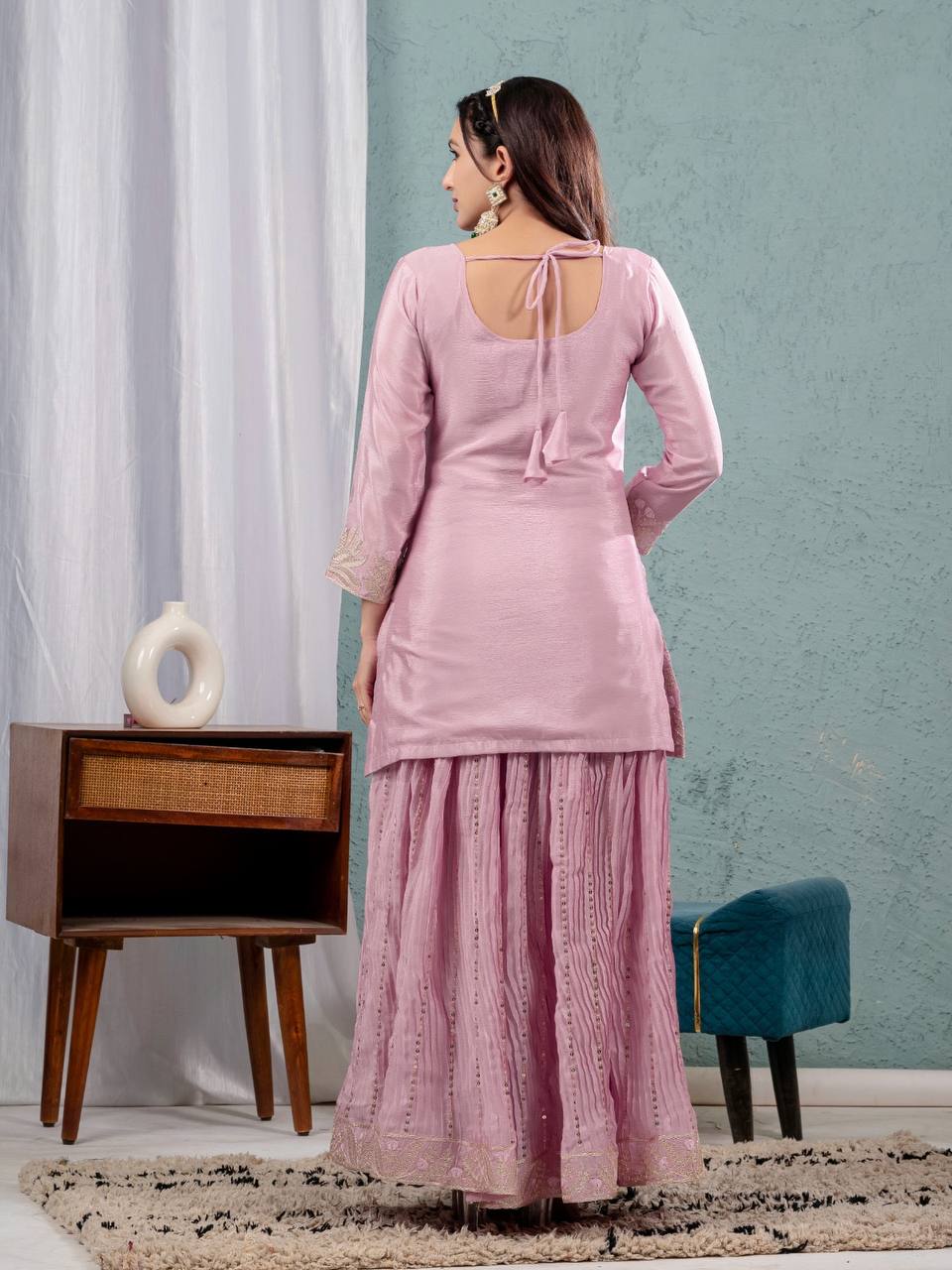 "Exquisite Heavy Chinnon Silk Sharara Set with Embroidery Sequence Detailing"