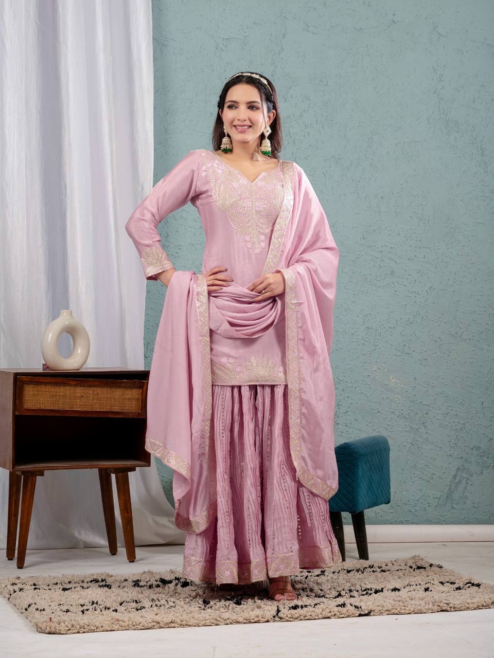 "Exquisite Heavy Chinnon Silk Sharara Set with Embroidery Sequence Detailing"