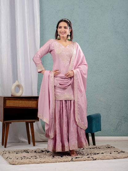 "Exquisite Heavy Chinnon Silk Sharara Set with Embroidery Sequence Detailing"