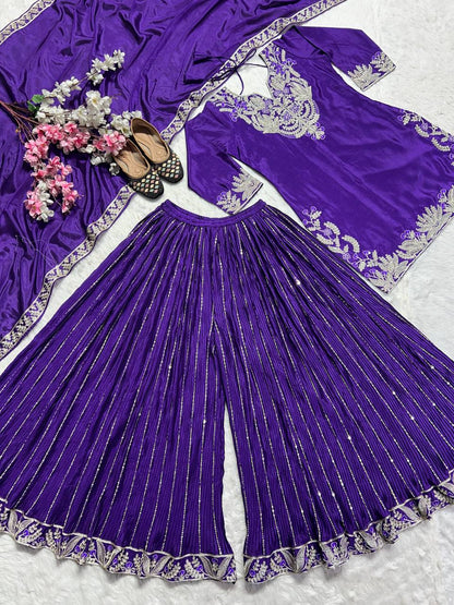 "Exquisite Heavy Chinnon Silk Sharara Set with Embroidery Sequence Detailing"