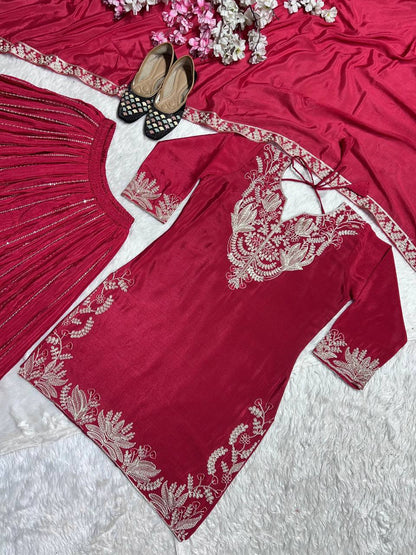 "Exquisite Heavy Chinnon Silk Sharara Set with Embroidery Sequence Detailing"