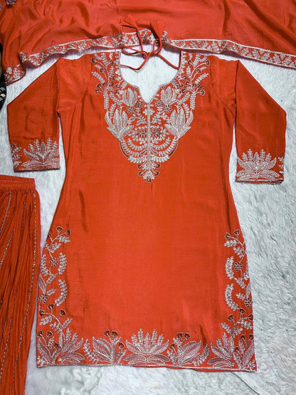 "Exquisite Heavy Chinnon Silk Sharara Set with Embroidery Sequence Detailing"