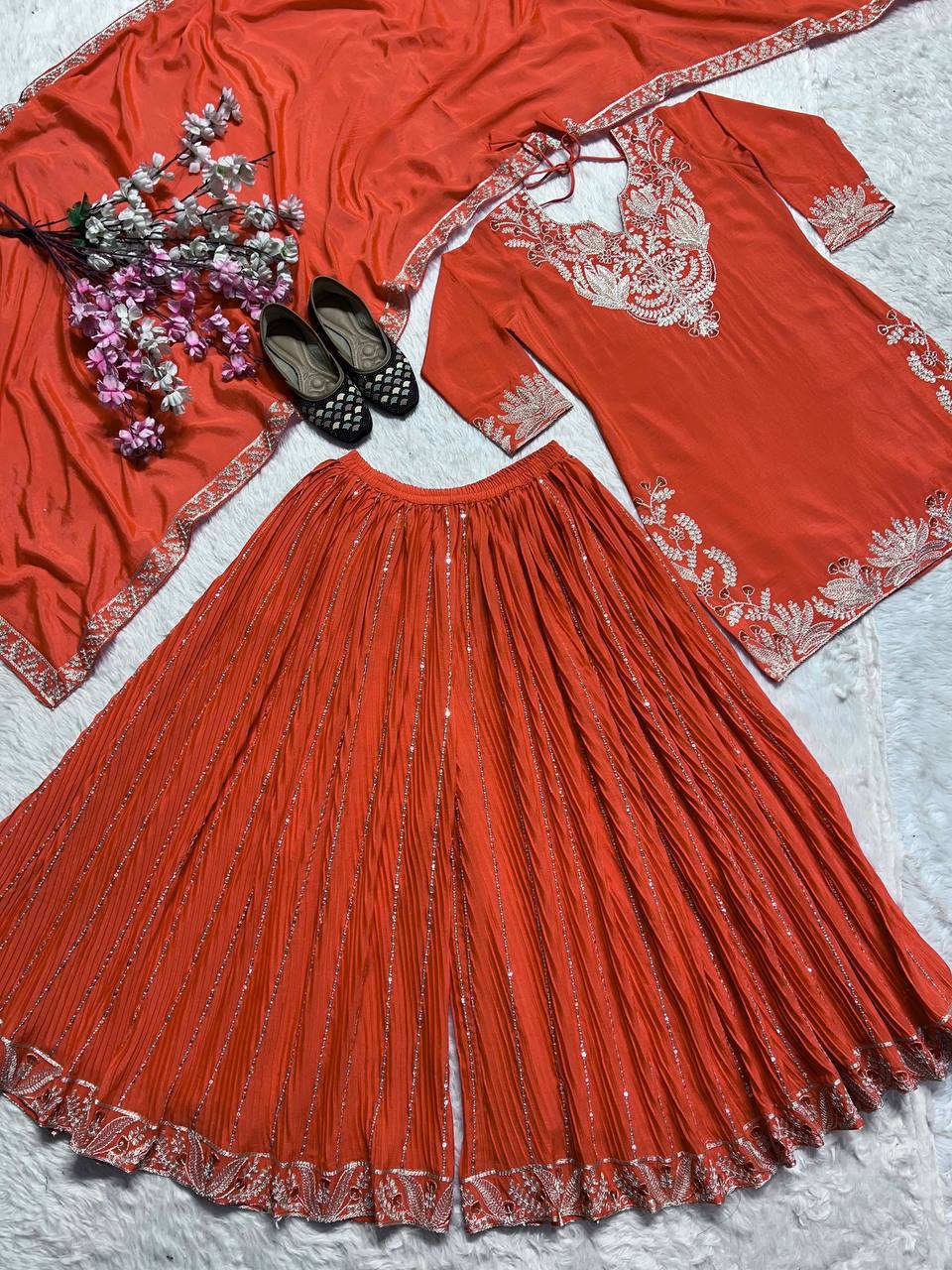 "Exquisite Heavy Chinnon Silk Sharara Set with Embroidery Sequence Detailing"