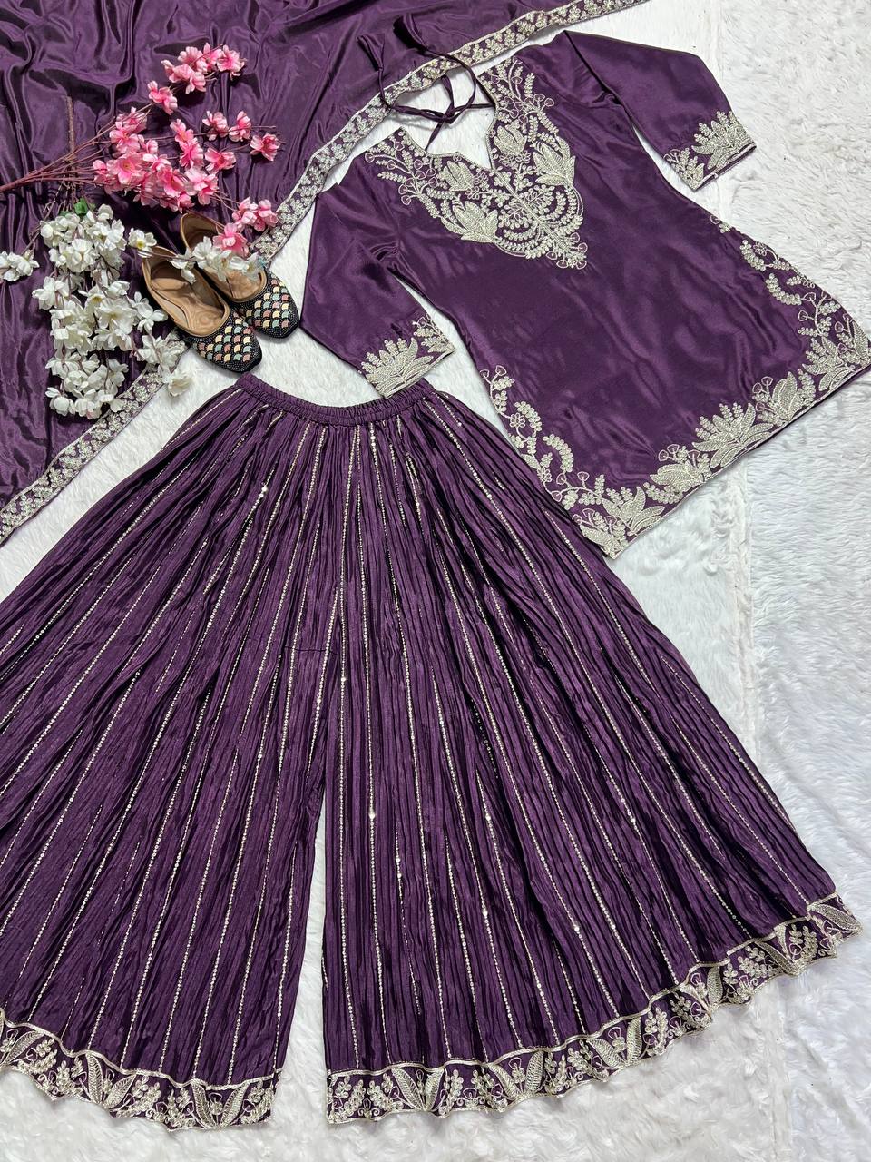 "Exquisite Heavy Chinnon Silk Sharara Set with Embroidery Sequence Detailing"