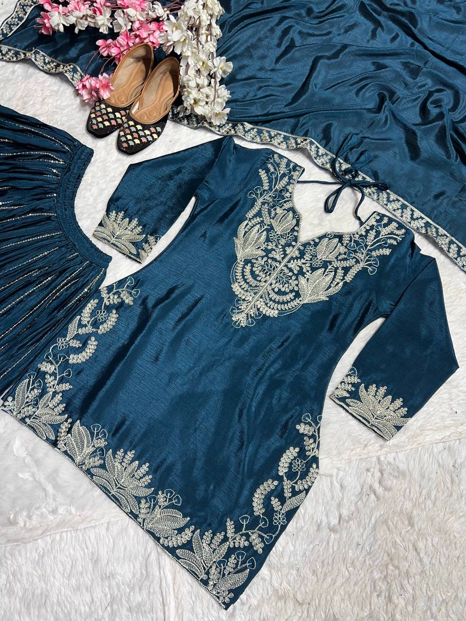 "Exquisite Heavy Chinnon Silk Sharara Set with Embroidery Sequence Detailing"
