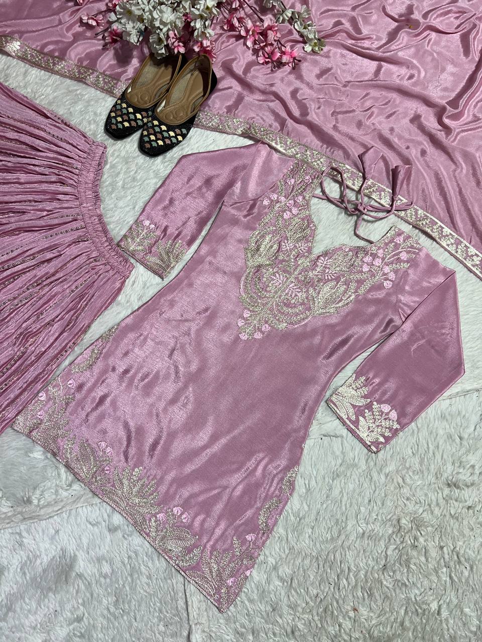 "Exquisite Heavy Chinnon Silk Sharara Set with Embroidery Sequence Detailing"