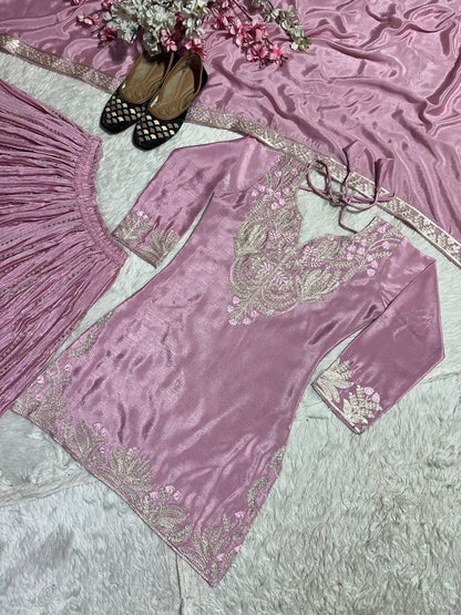 "Exquisite Heavy Chinnon Silk Sharara Set with Embroidery Sequence Detailing"