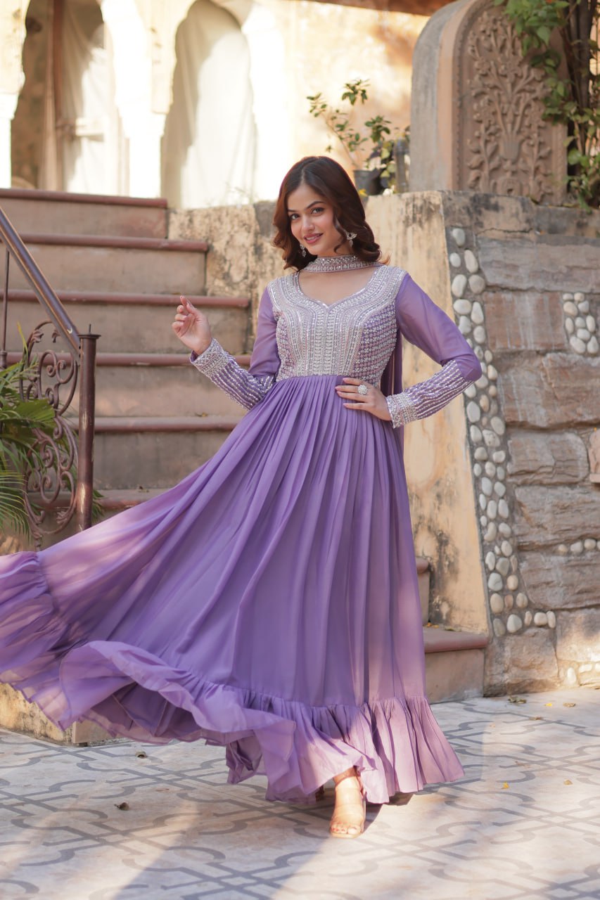 "Elegant Star Georgette Embroidered Gown with Beads & Sequins Work and Matching Dupatta"