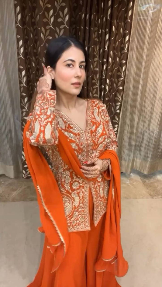 "Elegant Chinon Sequin Embroidered Top with Plazo and Dupatta Set"