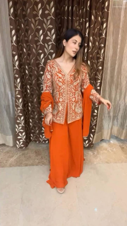"Elegant Chinon Sequin Embroidered Top with Plazo and Dupatta Set"