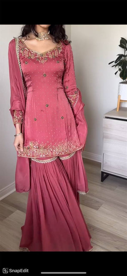 Elegant Pure Chinnon Silk Ensemble with Moti Handwork & Fancy Embroidery