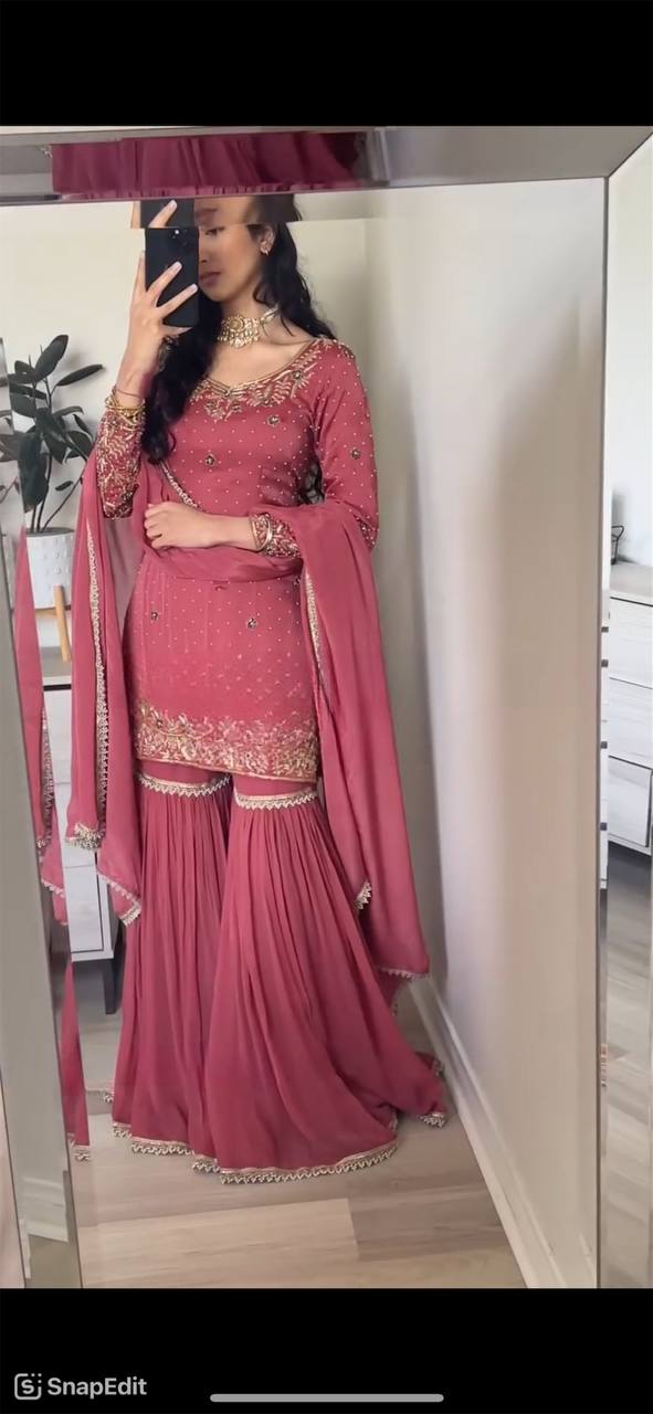 Elegant Pure Chinnon Silk Ensemble with Moti Handwork & Fancy Embroidery